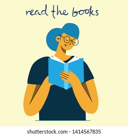 Vector concept of World Book Day and reading books in the flat style.The girl  reads a book. 