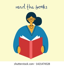 Vector concept of World Book Day and reading books in the flat style.The girl reads a book.