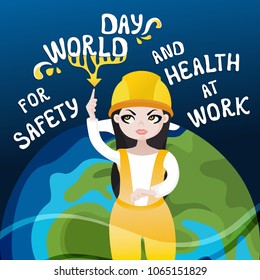 Vector concept of the World Day for Safety and Health at Work. Girl working in a helmet and planet Earth on a blue background.