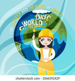 Vector concept of the World Day for Safety and Health at Work. Girl working in a helmet and 
planet Earth on a blue background.