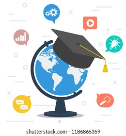 Vector concept worldwide education. Globe with student hat at top and colored icons around on white square line background. Banner for schools, universities or remote training in flat style