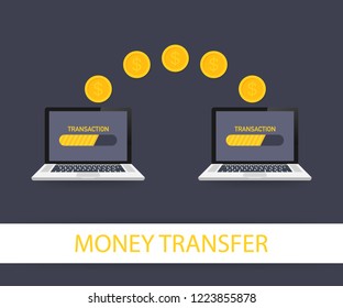 Vector concept of worldwide money transfer. Sending yellow coins from smart phone in businessman hands to personal account on computer. Vector stock illustration.