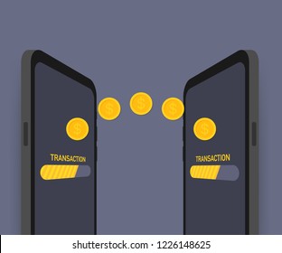 Vector concept of worldwide money transfer. Sending yellow coins from smart phone in businessman hands to personal account on computer. Vector stock illustration.