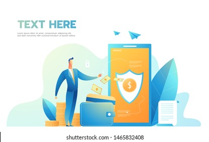 Vector concept of worldwide money transfer. Sending yellow coins from smart phone in businessman hands. Illustration in flat style