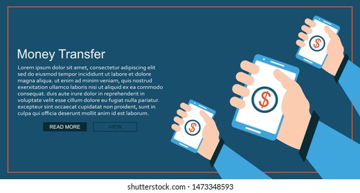 Vector concept of worldwide money transfer. Sending yellow coins from smart phone in businessman hands to personal account on computer. Illustration in flat style. Web info graphics