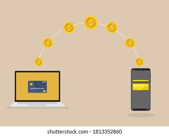 Concepto vectorial de transferencia de dinero a nivel mundial. Enviando monedas amarillas desde un teléfono inteligente a una cuenta personal en un ordenador. Ilustración de estilo plano. infografías web