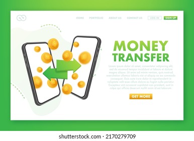 Vector concept of worldwide money transfer. Sending yellow coins from smart phone in businessman hands to personal account on computer