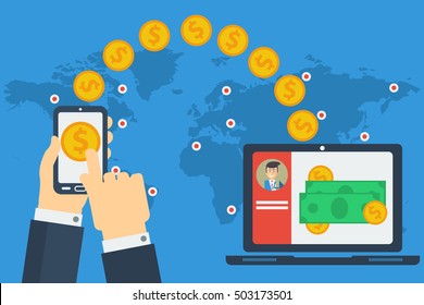 Vector Concept Of Worldwide Money Transfer. Sending Yellow Coins From Smart Phone In Businessman Hands To Personal Account On Computer. Illustration In Flat Style. Web Infographics