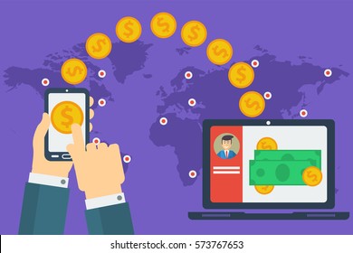 Vector Concept Of Worldwide Money Transfer. Sending Yellow Coins From Smart Phone In Businessman Hands To Personal Account On Computer. Illustration In Flat Style.