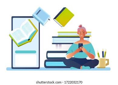 Vector concept with young female character reading e-book on smartphone screen. Online library banner with books, student and portable devices. Online education background in flat style