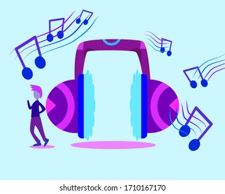 Vector concept of a young man enjoying music. Illustration man happy music time