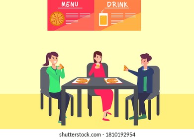 Vector concept: Young people eating pizza together on the table while sitting in the restaurant