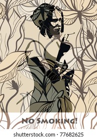 vector concept with  young woman with a cigarette on abstract floral background, eps10