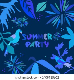 Vector conception of summer party poster or card with plants, flowers and birds. It is easy to use for a party announcing . 
