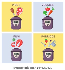 Vector concepts of cooking different dishes in a slow cooker. Flat style illustration