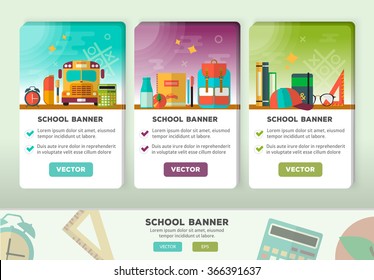 Vector concepts design of education banner. Vertical flat banners with school items. Back to school concepts for web and promotional materials. Education school icons set.