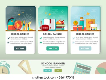 Vektorkonzepte Design des Bildungsbanners. Vertikale Flachbanner mit Schulartikeln im Flachstil. Zurück zum Schulwerbekonzept für Web- und Werbematerialien. Bildungs-Schulsymbole gesetzt.