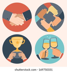 Vector concepts in flat style - partnership and cooperation. Business icons - handshake, cooperation, victory and celebration