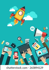 Vector concepts and icons in flat style - start up and innovation business signs and symbols. hand of man with a laptop, mobile phone, megaphone. Aspiring to the launch startup.