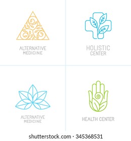 Vector concepts and logo design templates in trendy linear style - alternative medicine, health centers and holistic treatment icons