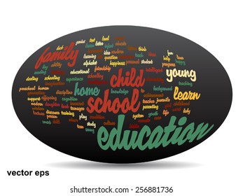 Vector conceptual de la educación de elipse 3D, nube de palabras abstracta sobre la metáfora de fondo negro para la familia infantil, la escuela, la vida, el aprendizaje, el conocimiento, el hogar, el estudio, la enseñanza, la educación, el logro, la infancia o la adolescencia