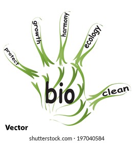 Konzeptuelle abstrakte grüne Ökologie, Konservierungswort-Cloud-Text in Menschenhanddruck auf weißem Hintergrund für Umwelt, Recycling, Erde, saubere, alternative, Schutz, Energie, umweltfreundliche oder biologische Umwelt