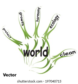 Vector conceptual abstract green ecology, conservation word cloud text in man handprint on white background for environment, recycle, earth, clean, alternative, protection, energy, eco friendly or bio