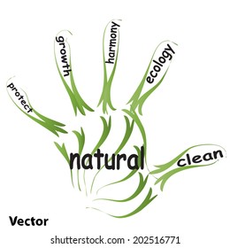 Ecología verde abstracta vectorial, palabra de conservación texto en la nube en la huella humana sobre fondo blanco para el medio ambiente, reciclar, tierra, limpia, alternativa, protección, energía, eco-amigable o bio
