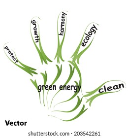 Konzeptuelle abstrakte grüne Ökologie, Konservierungswort-Cloud-Text in Menschenhanddruck auf weißem Hintergrund für Umwelt, Recycling, Erde, saubere, alternative, Schutz, Energie, umweltfreundliche oder biologische Umwelt