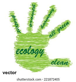 Vector conceptual abstract green ecology, conservation word cloud text in man handprint on white background for environment, recycle, earth, clean, alternative, protection, energy, eco friendly or bio