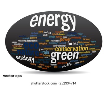 Vector conceptual abstract green ecology and conservation word cloud text on black background, metaphor to environment, recycle, earth, alternative, protection, energy, eco friendly or bio