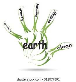 Ecología verde abstracta vectorial, palabra de conservación texto en la nube en la huella humana sobre fondo blanco para el medio ambiente, reciclar, tierra, limpia, alternativa, protección, energía, eco-amigable o bio