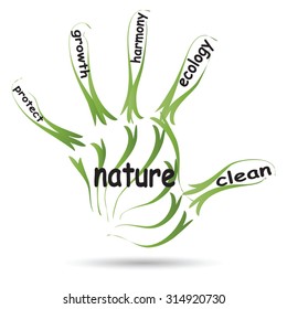 Vector conceptual abstract green ecology, conservation word cloud text in man handprint on white background for environment, recycle, earth, clean, alternative, protection, energy, eco friendly or bio