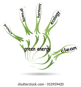 Vector conceptual abstract green ecology, conservation word cloud text in man handprint on white background for environment, recycle, earth, clean, alternative, protection, energy, eco friendly or bio