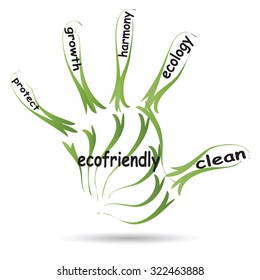 Vector conceptual abstract green ecology, conservation word cloud text in man handprint on white background for environment, recycle, earth, clean, alternative, protection, energy, eco friendly or bio