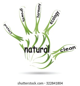 Vector conceptual abstract green ecology, conservation word cloud text in man hand or handprint on white background
