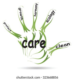 Vector conceptual abstract green ecology, conservation word cloud text in man handprint on white background for environment, recycle, earth, clean, alternative, protection, energy, eco friendly or bio
