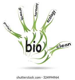 Vector conceptual abstract green ecology, conservation word cloud text in man handprint on white background for environment, recycle, earth, clean, alternative, protection, energy, eco friendly or bio