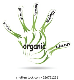 Vector conceptual abstract green ecology, conservation word cloud text in man handprint on white background for environment, recycle, earth, clean, alternative, protection, energy, eco friendly or bio