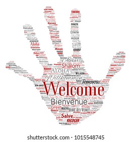 Vector conceptual abstract welcome or greeting international hand print stamp word cloud in different languages or multilingual. Collage of world, foreign, worldwide travel translate, vacation tourism