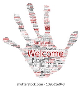 Vector conceptual abstract welcome or greeting international hand print stamp word cloud in different languages or multilingual. Collage of world, foreign, worldwide travel translate, vacation tourism
