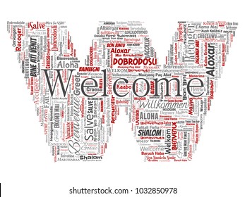 Vector conceptual abstract welcome or greeting international letter font W word cloud in different languages or multilingual. Collage of world, foreign, worldwide travel translate, vacation tourism