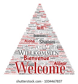 Vector de bienvenida conceptual abstracta o saludo a la nube internacional de palabras de flecha triangular en diferentes idiomas o multilingüe. Collage del mundo, extranjero, viajes a nivel mundial, traducciones, turismo de vacaciones