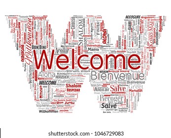 Vector conceptual abstract welcome or greeting international letter font W word cloud in different languages or multilingual. Collage of world, foreign, worldwide travel translate, vacation tourism