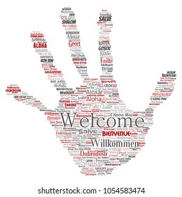 Vektor konzeptueller abstrakter Begrüßung oder Begrüßung internationaler handschriftlicher Briefmarkenwolke in verschiedenen Sprachen oder mehrsprachig. Collage of world, fremde, weltweite Reise übersetzen, Tourismus im Urlaub