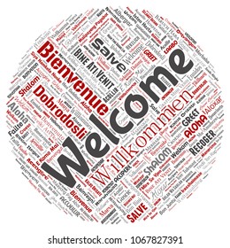 Vector de bienvenida conceptual abstracta o saludar a la nube internacional de palabras rojas redondas en diferentes idiomas o multilingüe. Collage del mundo, extranjero, viajes a nivel mundial, traducciones, turismo de vacaciones