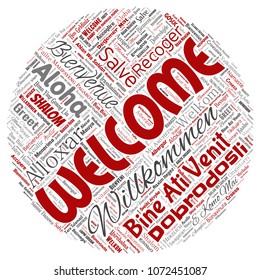 Vector de bienvenida conceptual abstracta o saludar a la nube internacional de palabras rojas redondas en diferentes idiomas o multilingüe. Collage del mundo, extranjero, viajes a nivel mundial, traducciones, turismo de vacaciones