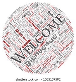 Vector conceptual abstract welcome or greeting international round circle red word cloud in different languages or multilingual. Collage of world, foreign, worldwide travel translate, vacation tourism