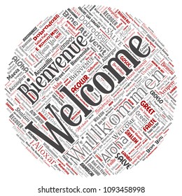 Vector conceptual abstract welcome or greeting international round circle red word cloud in different languages or multilingual. Collage of world, foreign, worldwide travel translate, vacation tourism