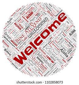 Vector de bienvenida conceptual abstracta o saludar a la nube internacional de palabras rojas redondas en diferentes idiomas o multilingüe. Collage del mundo, extranjero, viajes a nivel mundial, traducciones, turismo de vacaciones